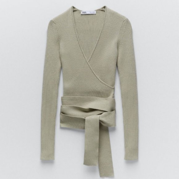 Zara Ribbed Taupe Tan Crop Wrap Tie Knit Sweater Long Sleeve Small - Picture 2 of 6